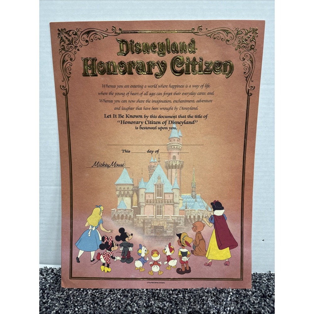 Vintage 1985 Disneyland Honorary Citizen Certificate Blank